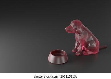 Low poly gummy dog in sitting position in front of empty food bowl - 3d rendering