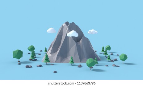 Low Poly Land Scene With Popup Trees And Rocks. 3D Animation.