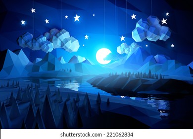 Low poly landscape with mountains at midnight.