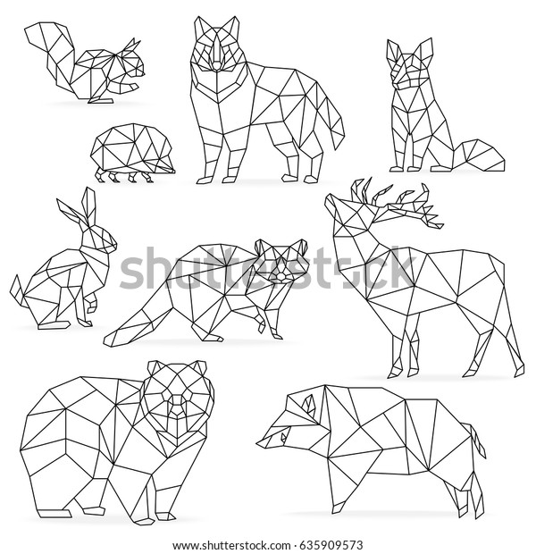 低ポリラインの動物セット 折り紙のポリゴナルラインの動物 オオカミクマシカイノシシキツネアライグマウサギハリネズミ のイラスト素材
