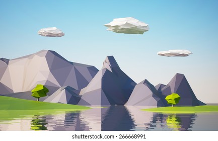 Low Poly Mountain Landscape With Water