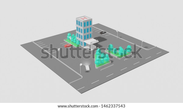 Low poly office illustration,\
digital miniature building from side view. 3D\
illustration
