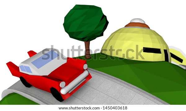 Low Poly Planet with an house, a car and trees.\
3D Art Landscape