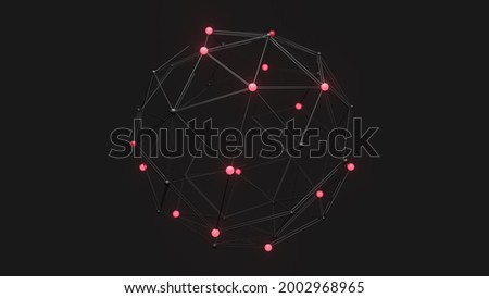 Low poly sphere structure with glowing vertices and bokeh effect. Technology concept 3d render.