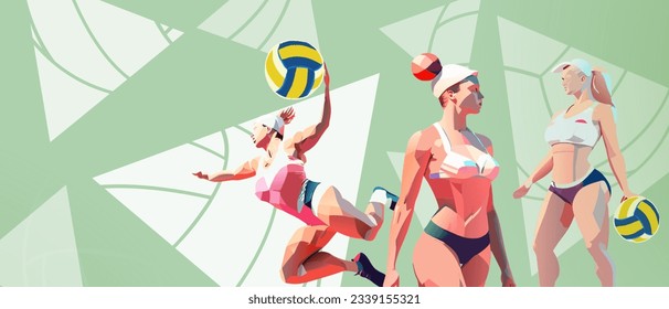 Low poly sports background. Young girls beach volleyball tournament in green background. volley coach, healthcare, fitness, relaxation, summer, illustration - Powered by Shutterstock