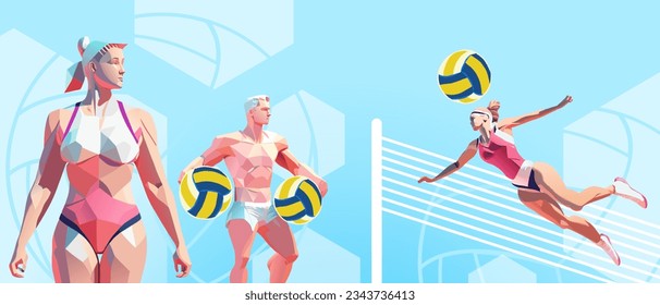 Low poly sports background. Young girls beach volleyball tournament in blue background. Fun, Friends, Healthcare, Fitness, Relaxation, Summer, illustration - Powered by Shutterstock