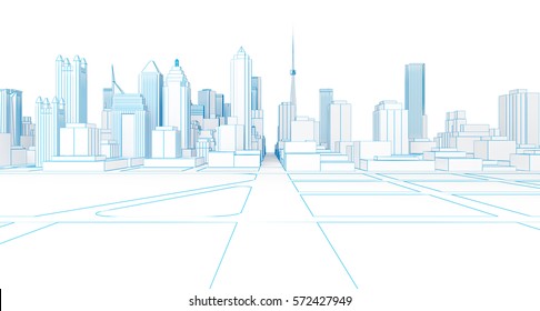 Low Poly Wireframe White City. 3d Rendering