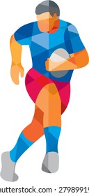 Low Polygon Style Illustration Of A Rugby Player Holding Ball Running Looking To The Side Set On Isolated White Background. 