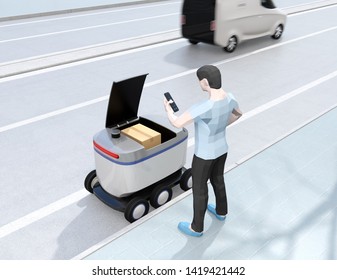 Low polygon style man using smartphone to unlock self-driving delivery robot's door. Last one mile concept. 3D rendering image.
