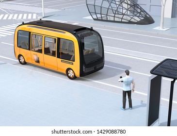 Low Polygon Style Man Using Smartphone To Request A Ride Sharing Self-driving Shuttle Bus. The Bus Closing The Bus Stop. 3D Rendering Image. 