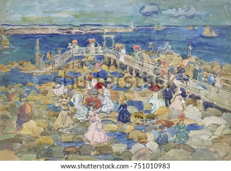 LOW TIDE, BEACHMONT, by Maurice Brazil Prendergast, 1900_05, American painting, watercolor. People enjoying beach at low tide in Beachmont, a suburb north of Boston. It shows the influence of Post Imp