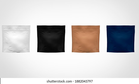 Low White, Black, Dark Blue And Paper Craft Doy Pack Coffee Bag For Beans With Zipper Mockup 3d Rendering Image Isolated Top View On White Background