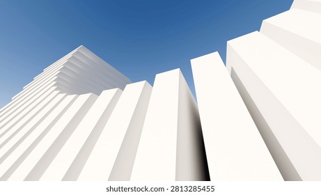 Low-angle 3D render of white minimalist parametric architecture against a blue sky
