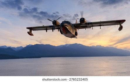 Low-angle 3D rendering of a seaplane water bomber flying over a lake at sunset with mountain backdrop; background from BC, Canada.