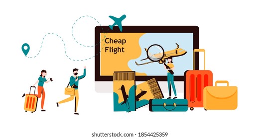 Lowcoster, Cheap Flight and Saving Vacation Budget Concept. Tiny Characters Buying Airplane Tickets Online Save Money for Holidays and Traveling, People with Luggage. Cartoon  Illustration