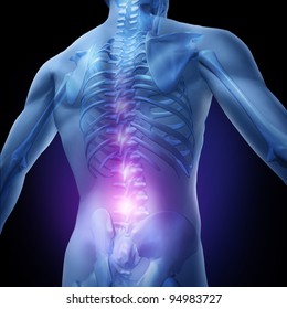 Lower Back Pain And Human Backache With An Upper Torso Body Skeleton Showing The Spine And Vertebral Column In Glowing Highlight As A Medical Health Care Concept For Spinal Surgery And Therapy.