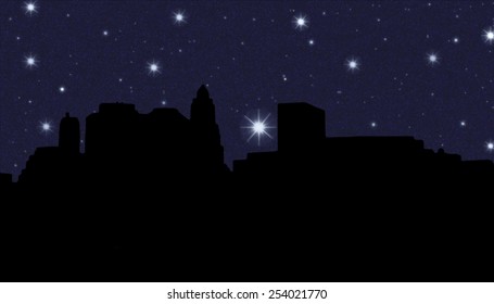 Lower Manhattan Silhouette On The Night Starry Sky  Background