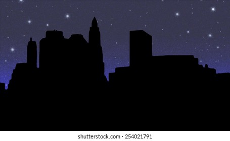 Lower Manhattan Silhouette On The Night Starry Sky  Background