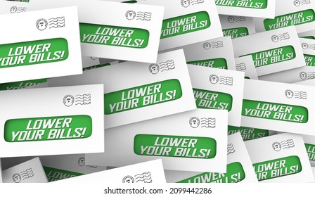 Lower Your Bills Cut Costs Reduce Payments Envelopes 3d Illustration