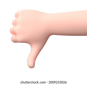 Lowered Thumb Hand. 3D Cartoon Character. Isolated on White Background 3D Illustration, Disapproval Concept