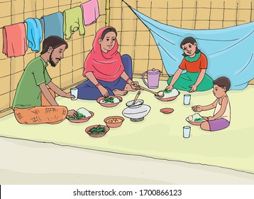 A Lower-middle-class Family Scenario Of Eating Together Illustration.