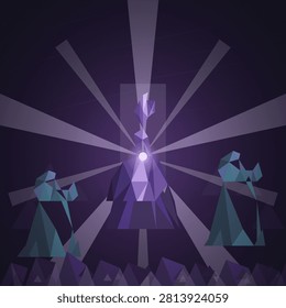 Low-poly digital artwork featuring a central purple crystalline figure radiating beams of light from a glowing core, flanked by two teal geometric entities against a dark polygonal background, evoking a mystical sci-fi atmosphere.