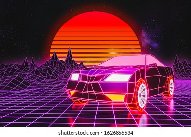 Low-poly generic sports car with grid terrain and sun. Retro wave or synthwave or vaporwave 80's Arcade game futuristic abstract style 3d rendering illustration.