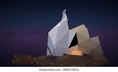 A low-poly geometric campfire scene featuring a glowing tent and jagged rock formations surrounded by stacked logs and a shovel under a dark starry night sky.