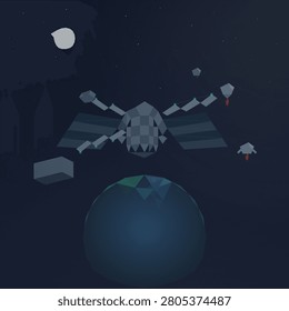 A low-poly spaceship with angular wings and illuminated joints hovers over a faceted blue planet against a starry night sky with a crescent moon and distant flying craft.