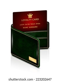 Loyalty Card In Green Wallet Isolated Over White Background