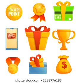 Loyalty program icons set. Cartoon set of loyalty program icons for web design