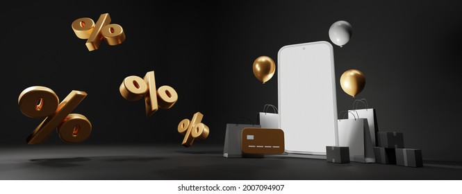 Loyalty Program With Special Offer. Mock Up Smartphone For Online Shopping With Bonus Points, Gold Credit Card, Gift Bags And Boxes, Balloons And Golden Percent Sign On Black Background, 3d Web Banner