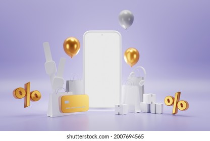 Loyalty Program With Special Offer. Mockup Smartphone For Online Shopping With Golden Percent Sign, Credit Card And Balloons, White Gift Bags, Boxes, Headphone And Watch On Purple Background 3d Banner