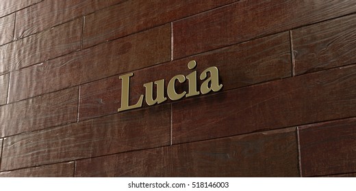 Lucia - Bronze plaque mounted on maple wood wall  - 3D rendered royalty free stock picture. This image can be used for an online website banner ad or a print postcard.