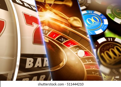Lucky Casino Games Concept Illustration. Roulette, Slots and Casino Chips.