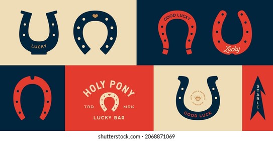 Lucky Horseshoe. Set Of Horseshoes, Graphic And Lucky Symbols. Design Elements, Set Drawing, Vintage Hipster Style. Horseshoe, Typography, Ribbon And Good Luck Fortune Sign. Illustration