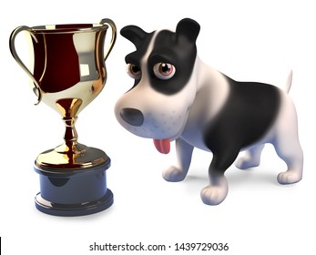 Lucky puppy dog has won the gold cup trophy award, 3d render illustration
