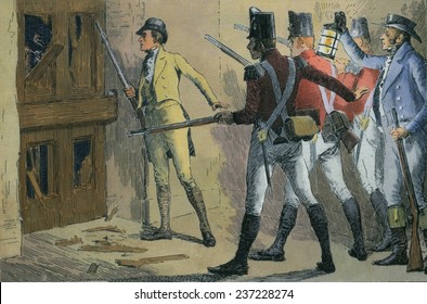 Luddites Breaking Down The Door Of A Textile Factory In England Defended By Its Owners And Troops Between 1811-1816 Engraving With Modern Watercolor.