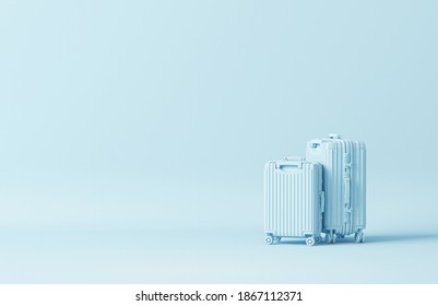 Luggage bag, cabin baggage on pastel blue background, traveling summer concept. Stylish vacation suitcase, pastel colors, tourist background, space for text, 3d render. Tourism conceptual design