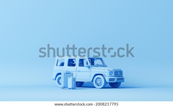 Luggage\
bag and car on pastel blue background, traveling summer concept.\
Stylish vacation suitcase, pastel colors, tourist background, space\
for text, 3d render. Tourism conceptual\
design\
