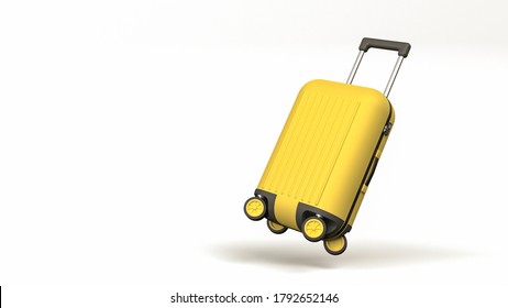 Luggage baggage bag on white background, realistic 3d illustration front view. Suitcase plastic bag flying, creative journey concept with space for text. Modern luggage design, yellow summer colors.