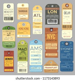 Luggage carousel baggage vintage tag symbols. Old train ticket and airline journey stamp symbol. London tour trip ticket  set. Retro travel luggage labels