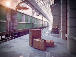 Luggage On The Retro Railway Train Station .3D Concept 