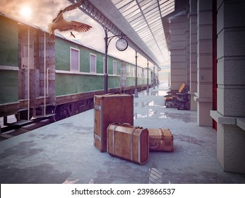 luggage on the retro railway train station .3D concept 