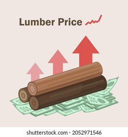 Lumber Prices Are Rising. Lumber, Up Arrow And A Stack Of Cash. The Concept Of Inflation, Labor Shortages And Supply Chain Delays.