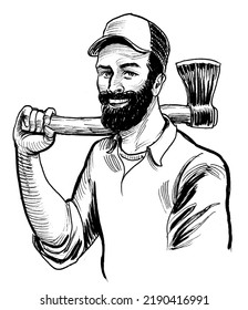 Lumberjack With Axe. Ink Black And White Drawing