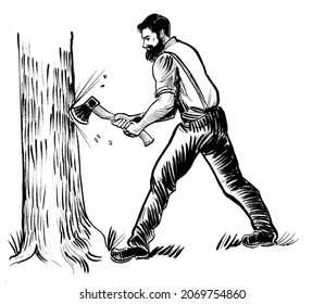 Lumberjack Cutting Tree With And Axe. Ink Black And White Drawing