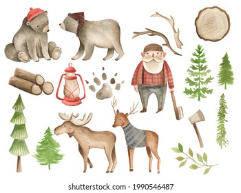 Lumberjack Watercolor In The Forest Illustration Bear Camping Style