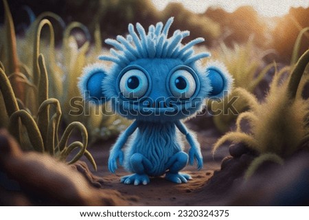 luminescent plants, watercolor painting.cute fluffy blue alien with big eyes and big ears in field of weird