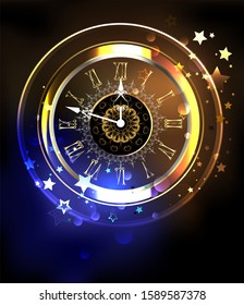 Luminous Antique Clock On A Cosmic Yellow And Blue Background With Stars. Antique Clock. Design With Stars.